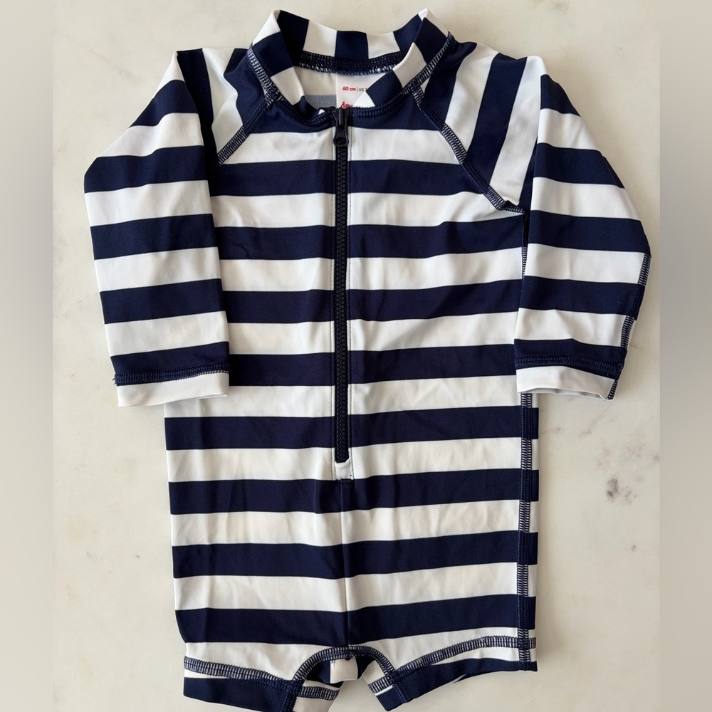 Hanna Anderssen Baby Navy and White Striped Zip-Up Rash Guard One-Piece